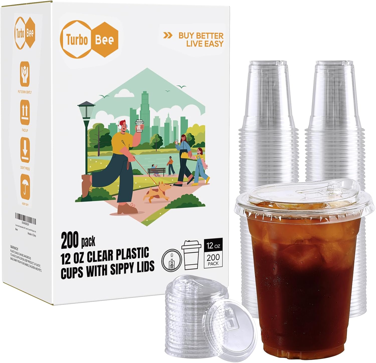 Turbo Bee 12 OZ Clear Plastic Cups with Strawless Sip Lids