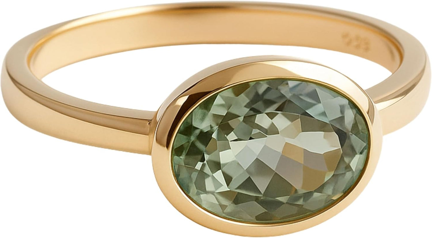 Green Amethyst Oval Cut Gold Plated Sterling Silver Ring