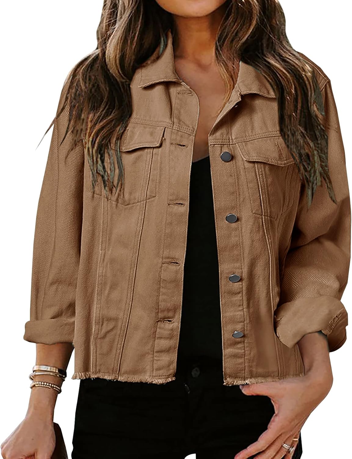 LONGBIDA Women's Cropped Denim Jacket with Frayed Hem and Pockets