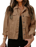 Women Cropped Denim Jacket Frayed Washed Button Up - Vintage Crop