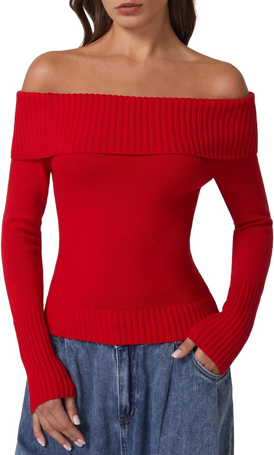QINSEN Off The Shoulder Cotton Sweater for Women 2023