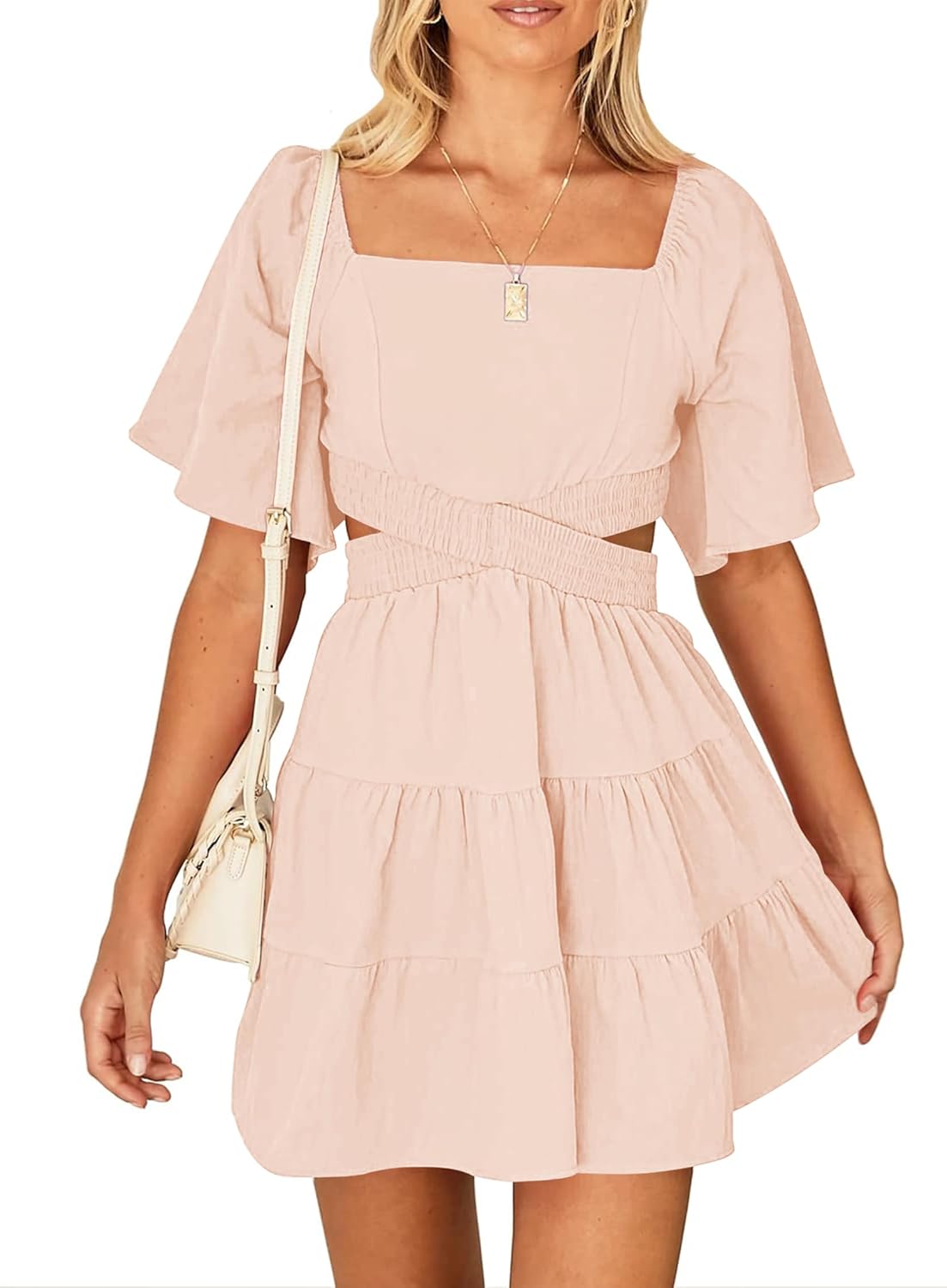 Women's Summer Dresses Square Neck Casual Short Sleeves Mini Dress