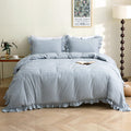 Light Blue White Plaid Ruffle Duvet Cover Set Twin Size - Vintage