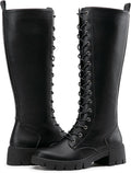 Women's Lace Platform Combat Knee High Boots with Chunky Heel