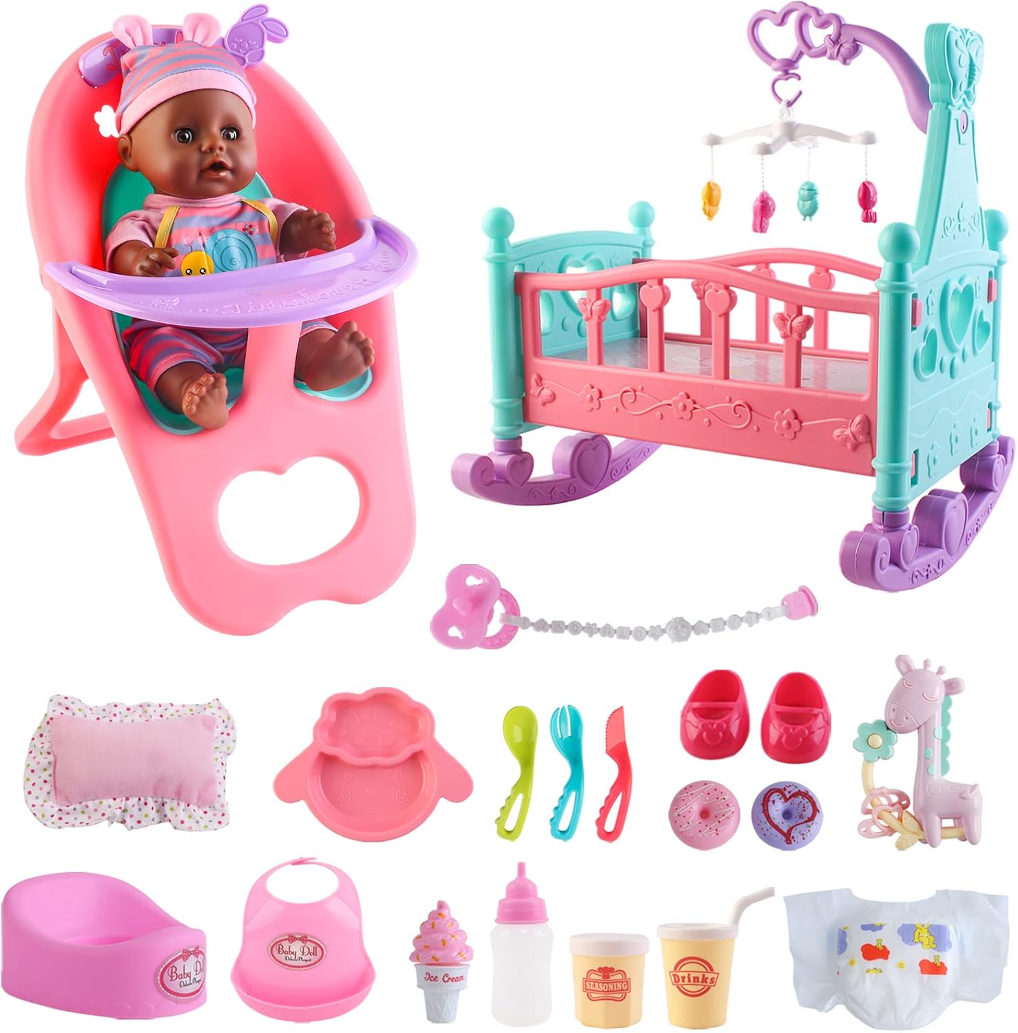 deAO Black Baby Doll Set - 21 Piece Play Set for Kids