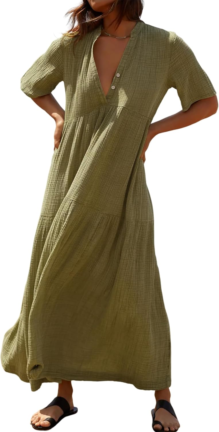 Womens Summer Cotton Flowy Maxi Dress with Ruffles and V Neck