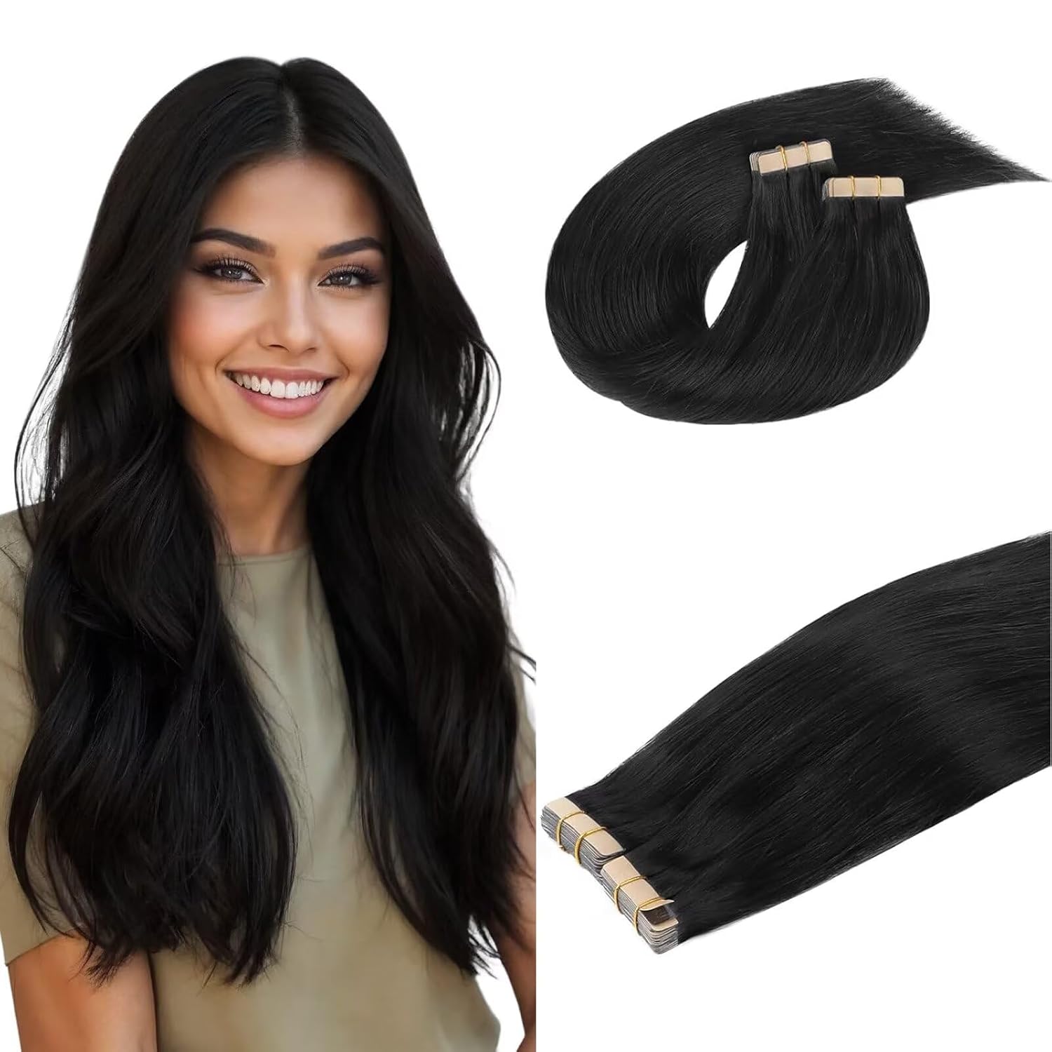 DOORES Hair Extensions Tape in Jet Black 22 Inch for Volume