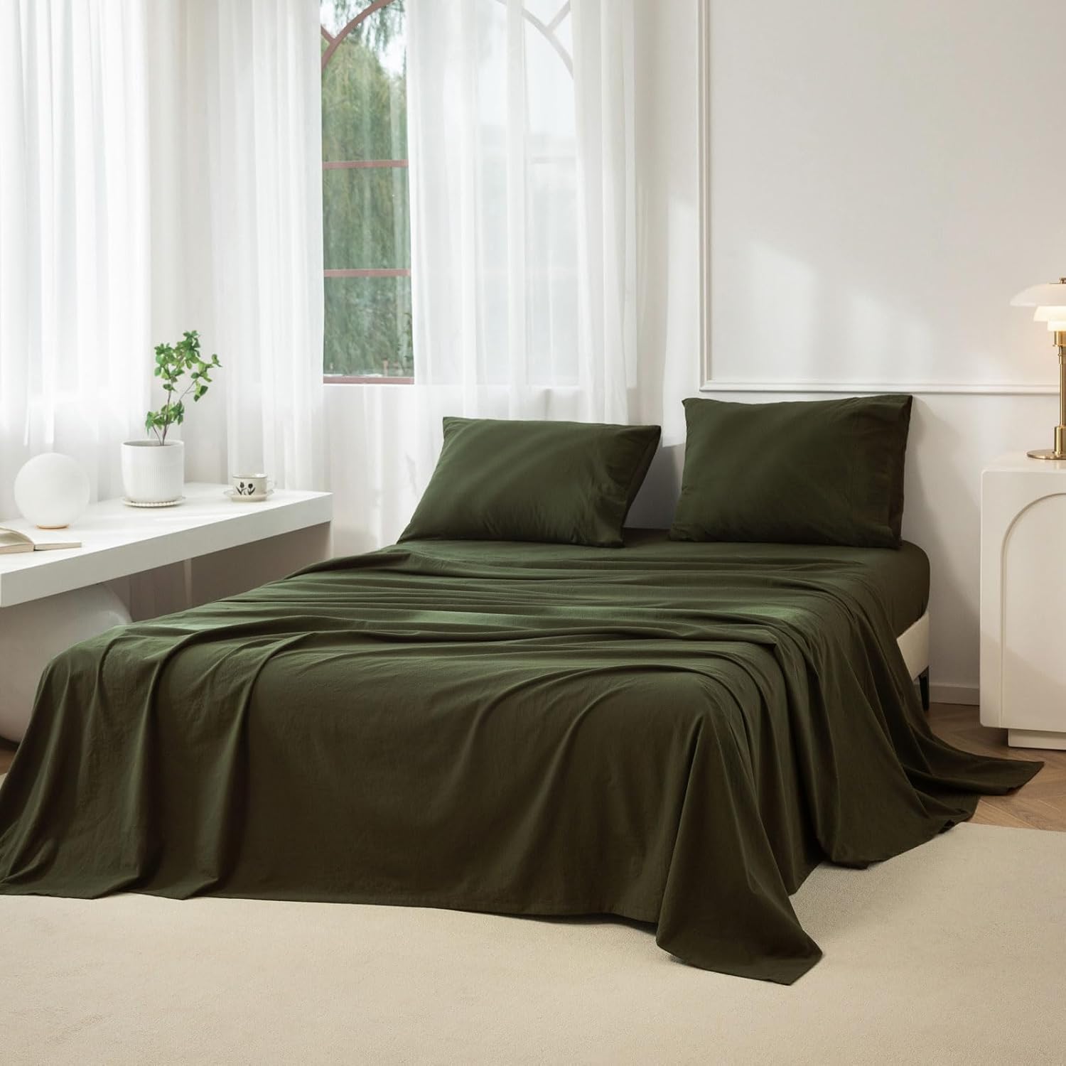 JIYUAN 100% Washed Cotton Sheet Set for King Size Comfort