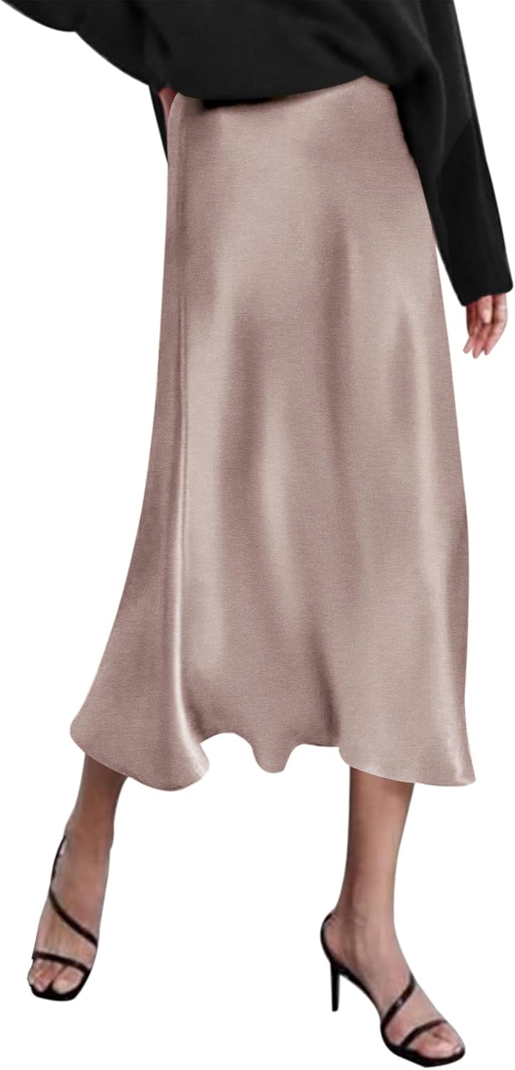 HOTOUCH Womens Midi Skirt High Waisted Satin Dress for Elegance