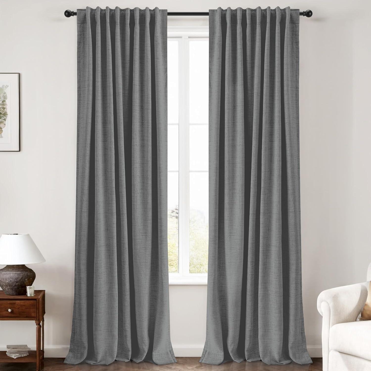 100% Blackout Curtains for Bedroom - Dark Grey Linen Drapes