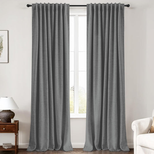 100% Blackout Curtains for Bedroom - Dark Grey Linen Drapes