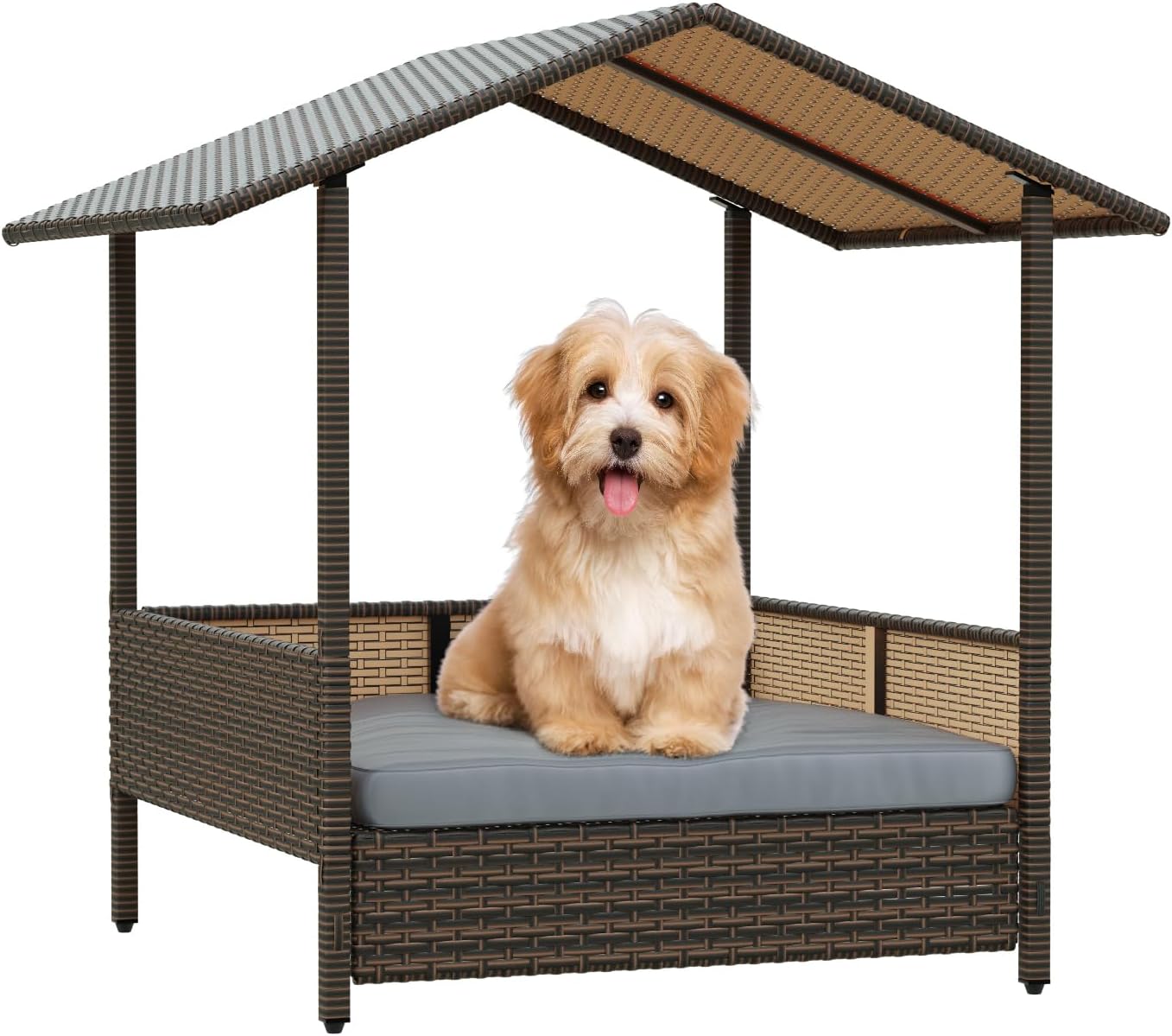 LEMBERI Outdoor Rattan Dog House with Canopy for Small Dogs