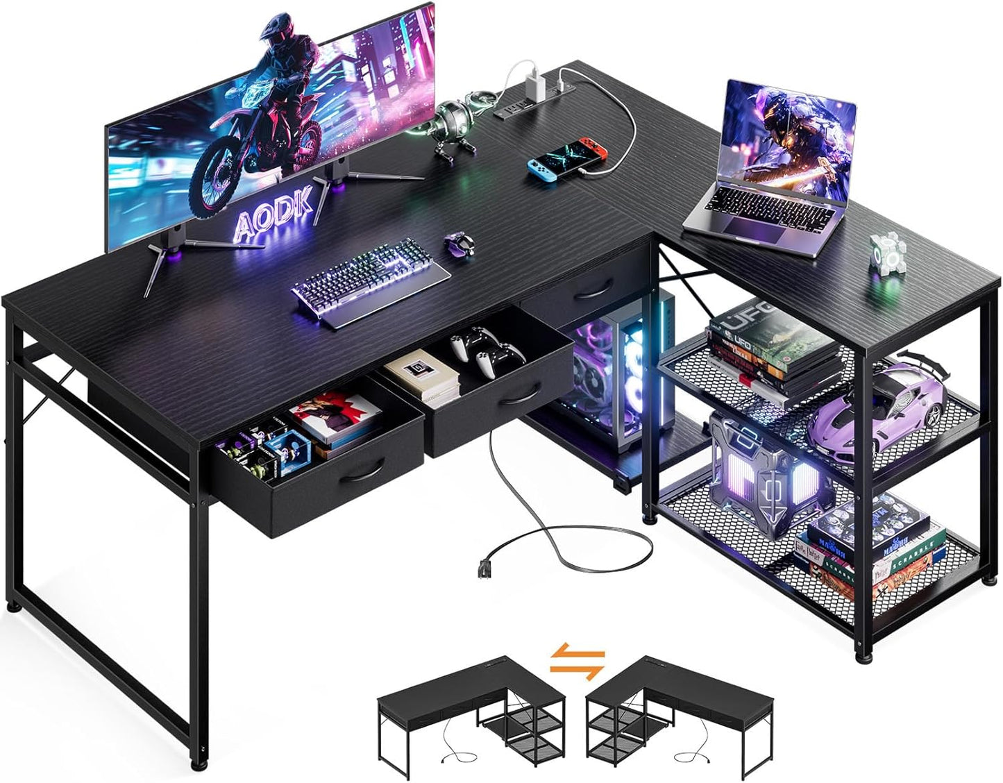 AODK 53 L-Shaped Desk: Power Outlets, Storage & CPU Stand