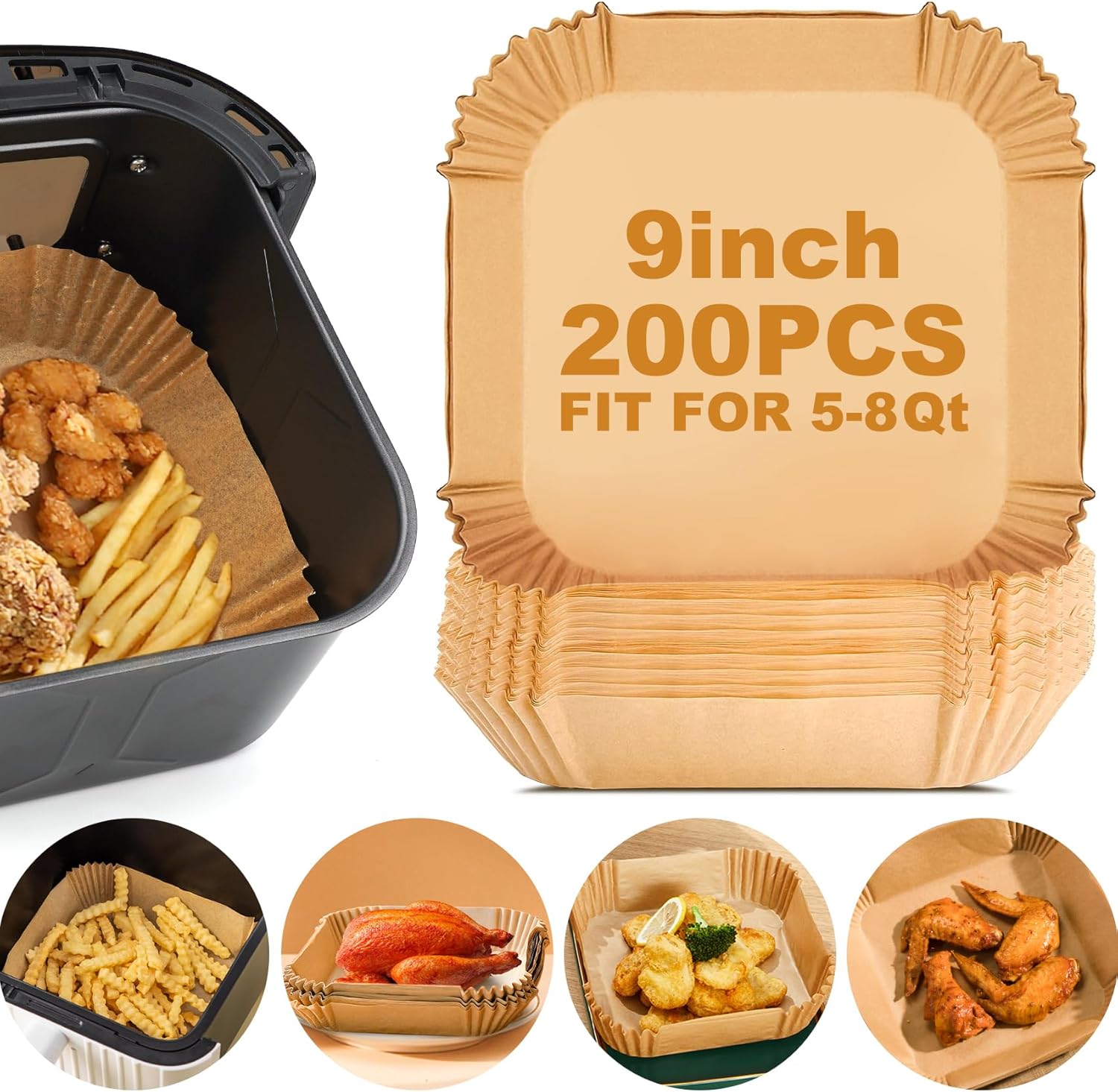200pc 9 Non-Stick Air Fryer Liners - Easy Cleanup