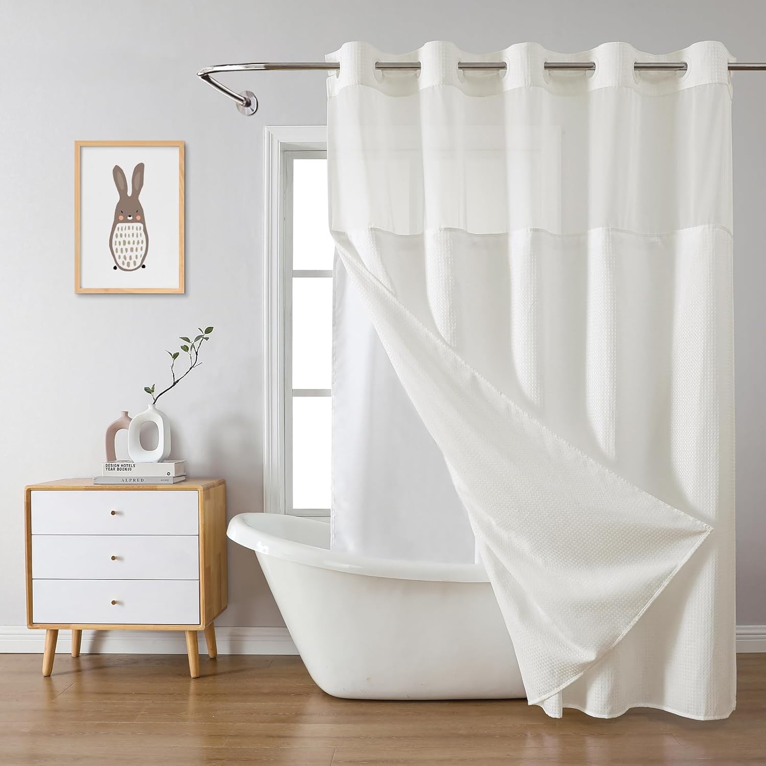 Cream Extra Long Waffle Weave Shower Curtain with Snap-In Liner