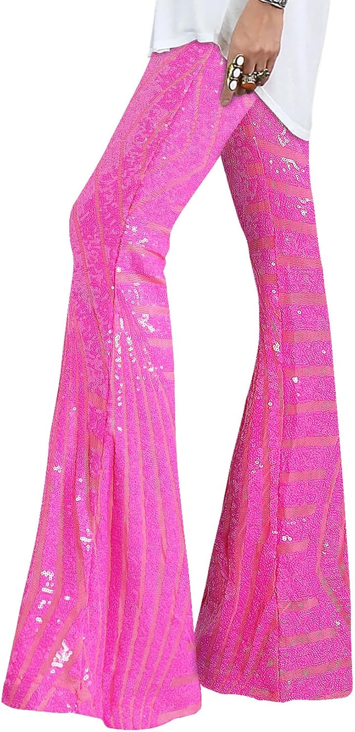 EVALESS Women Sequin Pants Sparkly Glitter High Waisted Trousers