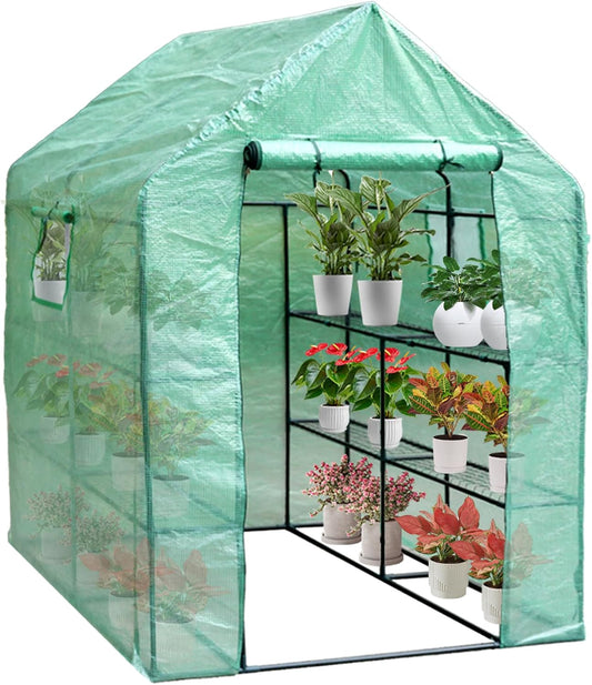 Portable Walk-in Greenhouse w/ Windows, Shelves & Watering System 