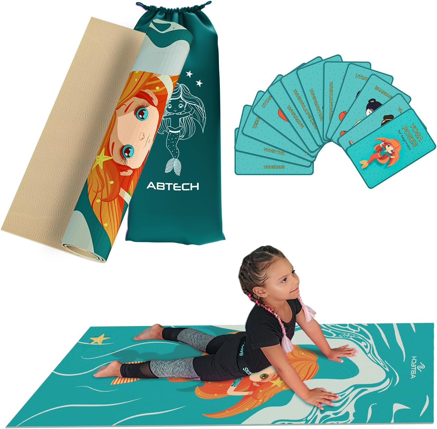 ABTECH Kids Yoga Mat Set - Non-Toxic & Non-Slip - Includes Yoga Cards & Cute Bag