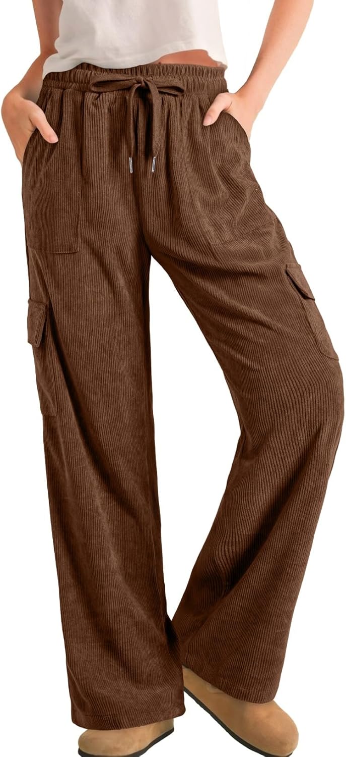Casual High Waisted Corduroy Pants for Women with Pockets