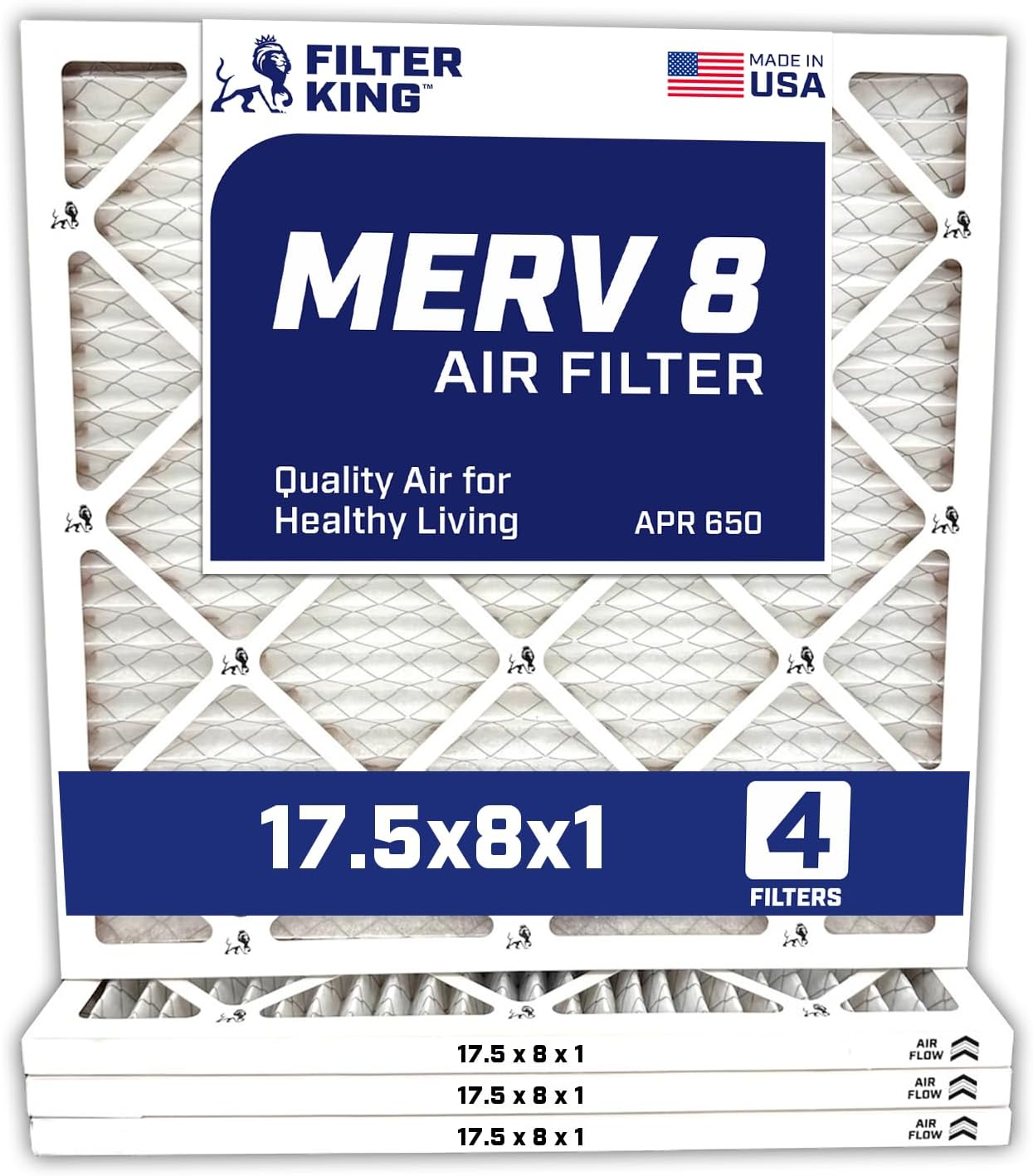 MERV 8 Air Filters 17.5x8x1 - 4-Pack for Home HVAC Systems