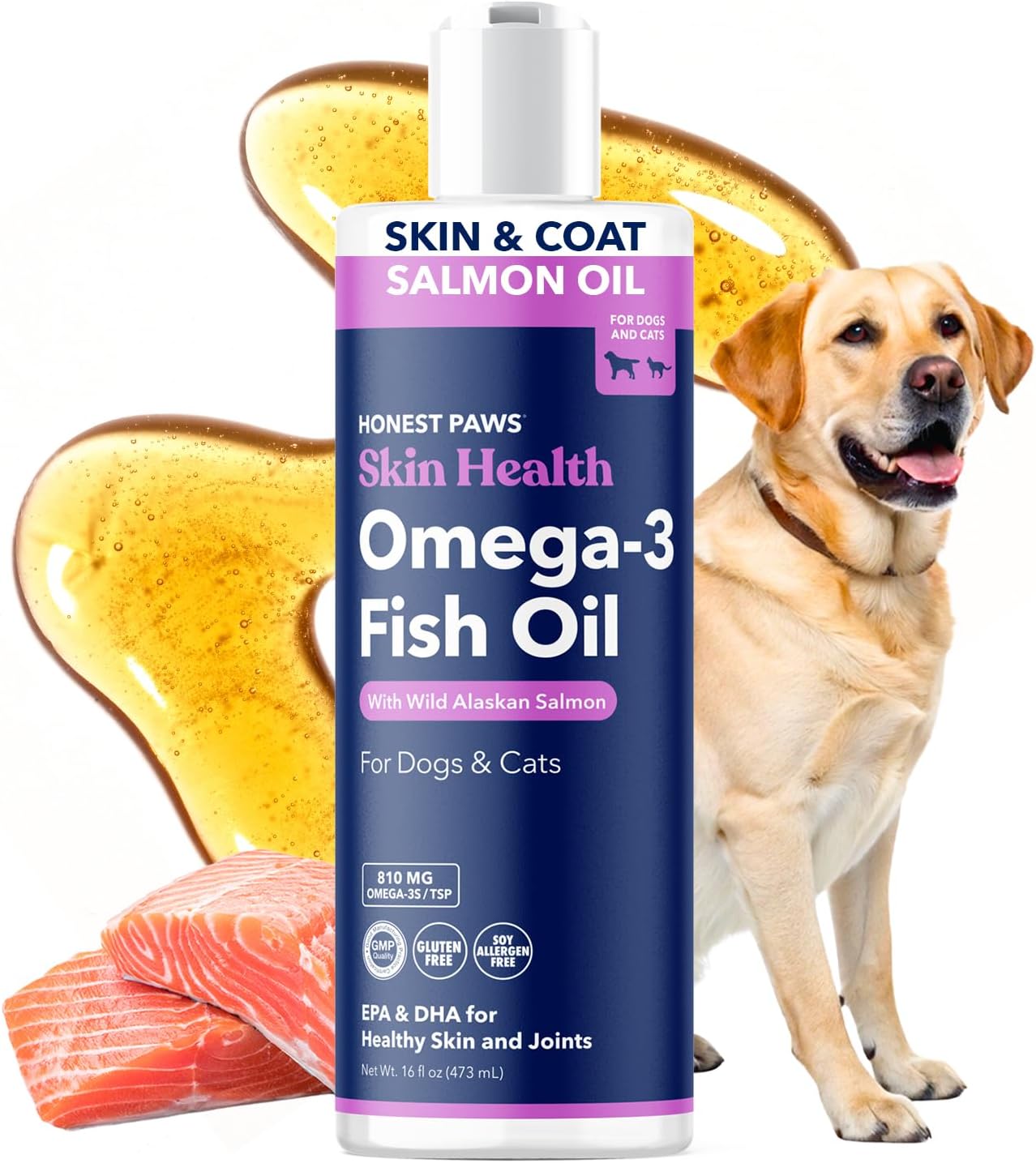 Honest Paws Wild Alaskan Salmon Oil for Dogs & Cats 16 oz