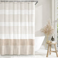 Boho Beige Shower Curtain with Tassels and Stripes - Soft Cotton Blend