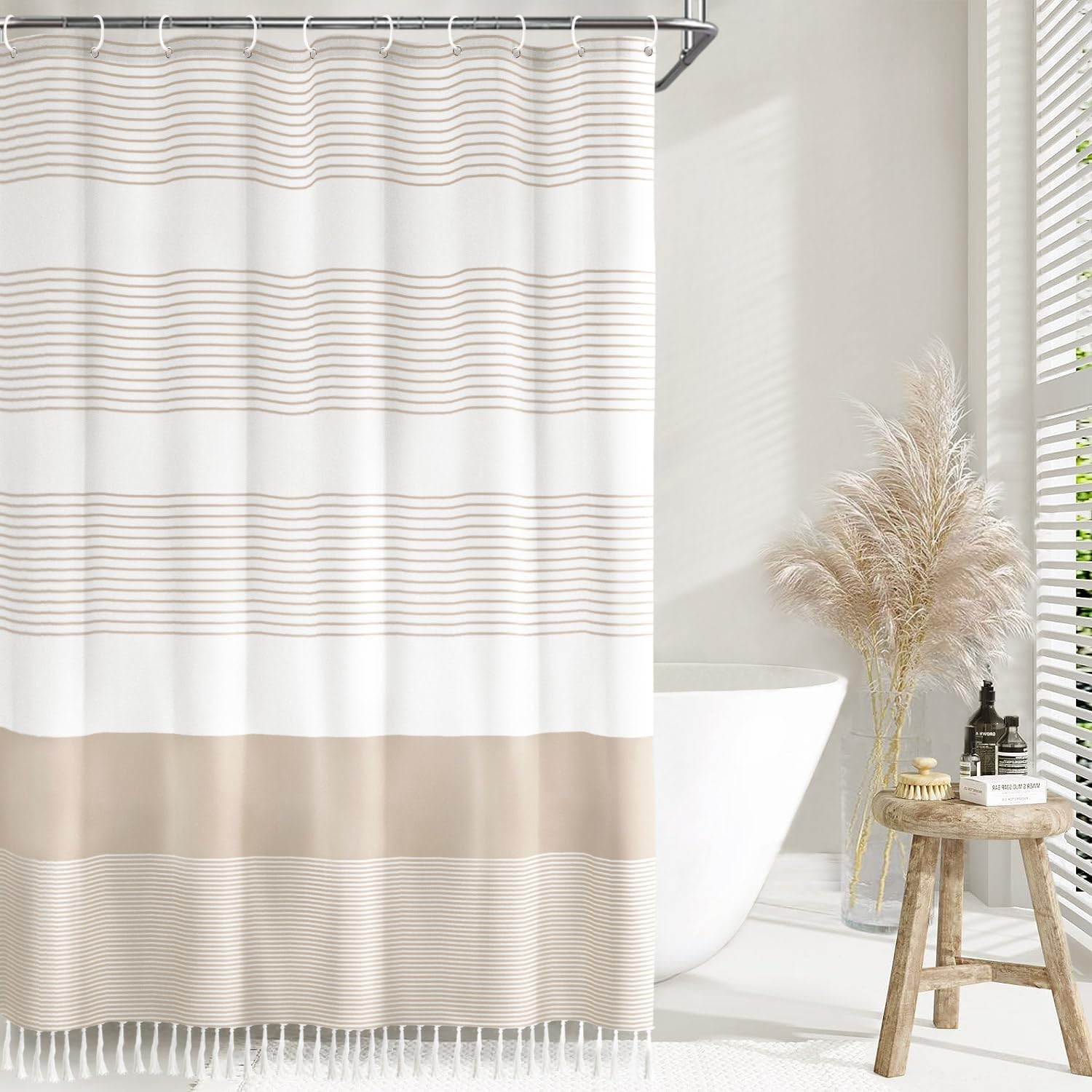 Awellife Boho Beige Shower Curtain with Tassels for Bathroom