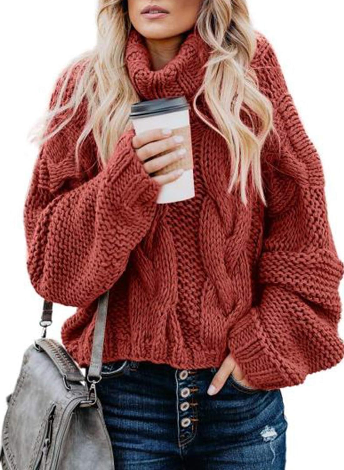 Dokotoo Womens Turtleneck Balloon Sleeve Sweater for Winter
