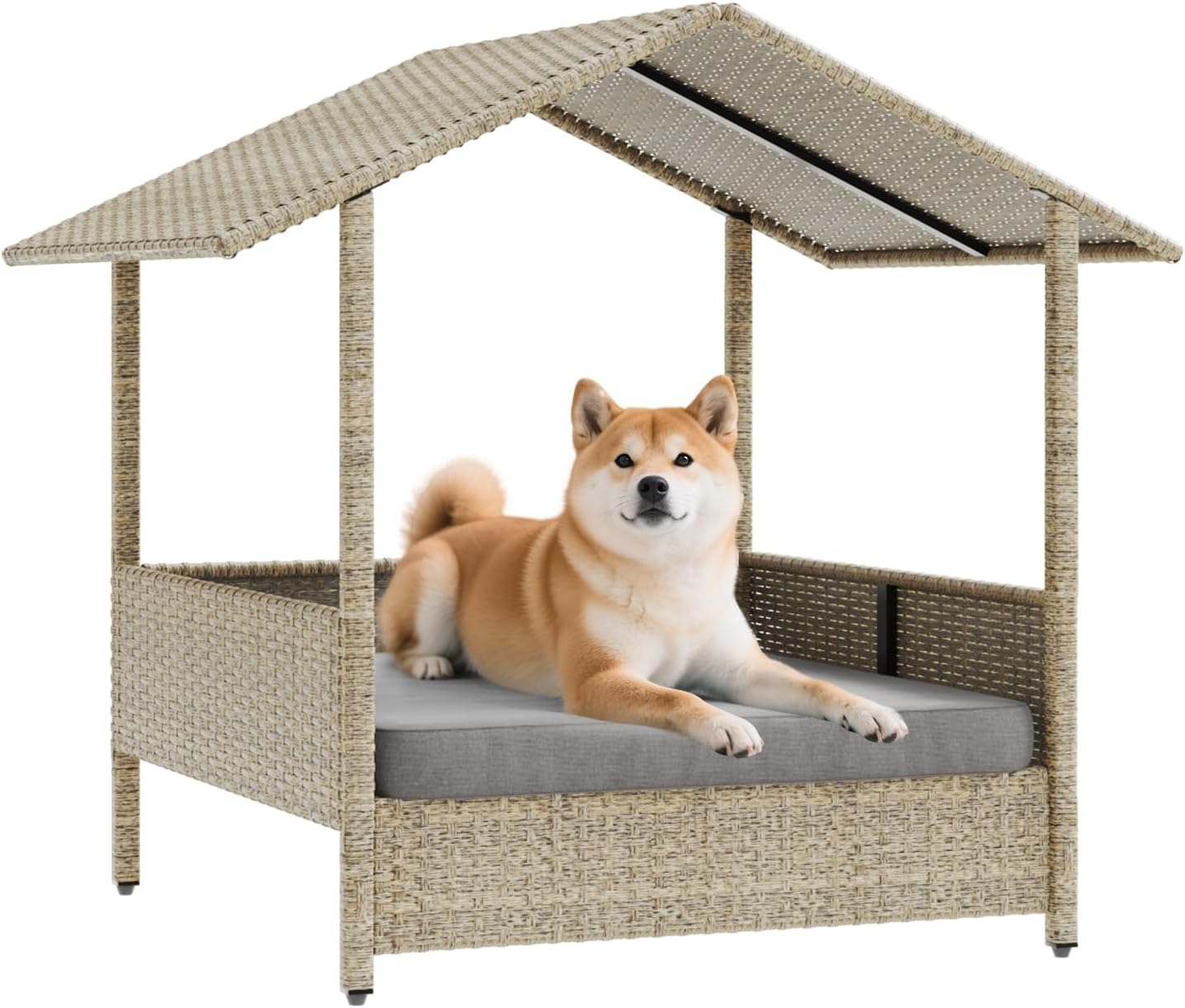 Waleaf Wicker Dog House with Canopy for Small and Medium Dogs