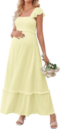 OUGES Womens 2025 Maternity Photoshoot Dress - Boho Maxi Smocked