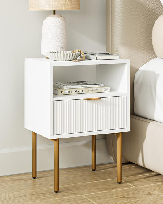 Modern White Nightstand with Gold Frame for Bedroom and Living Room