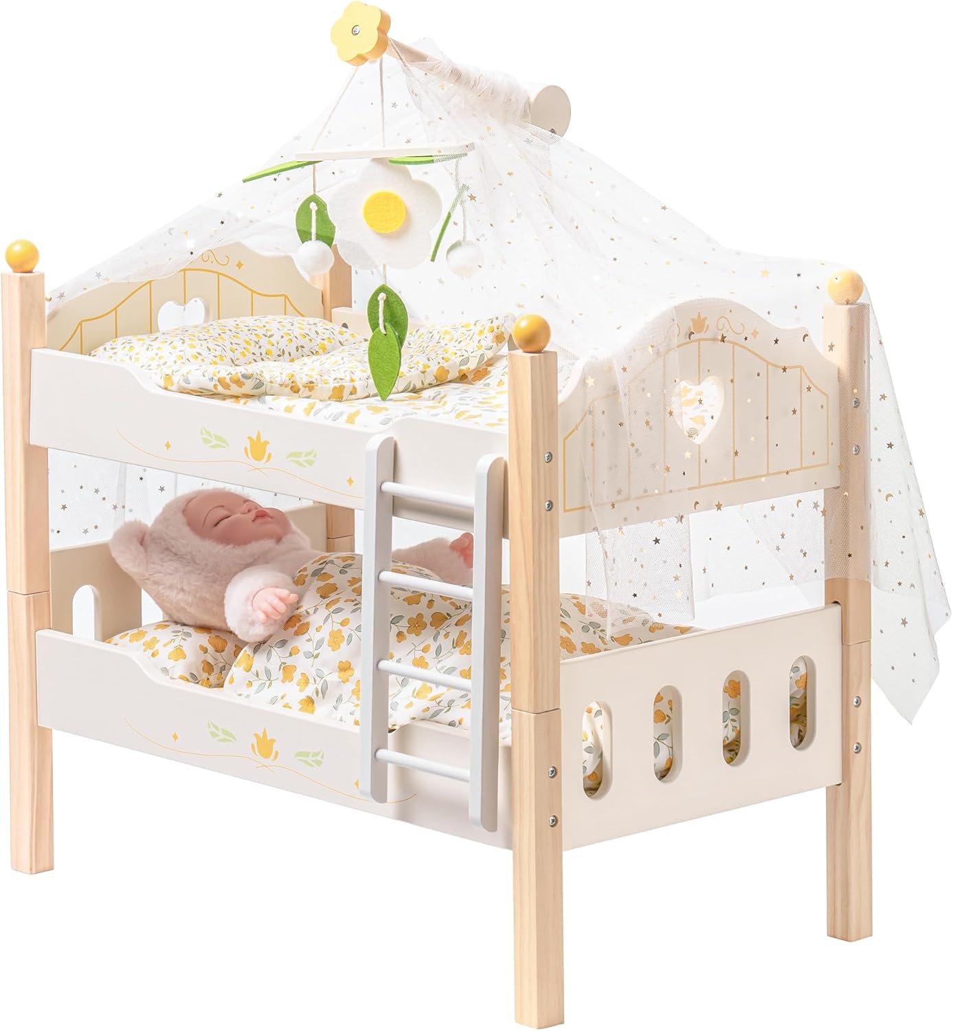 ROBOTIME Baby Doll Bunk Beds for 18 Inch Dolls - Wooden Cribs