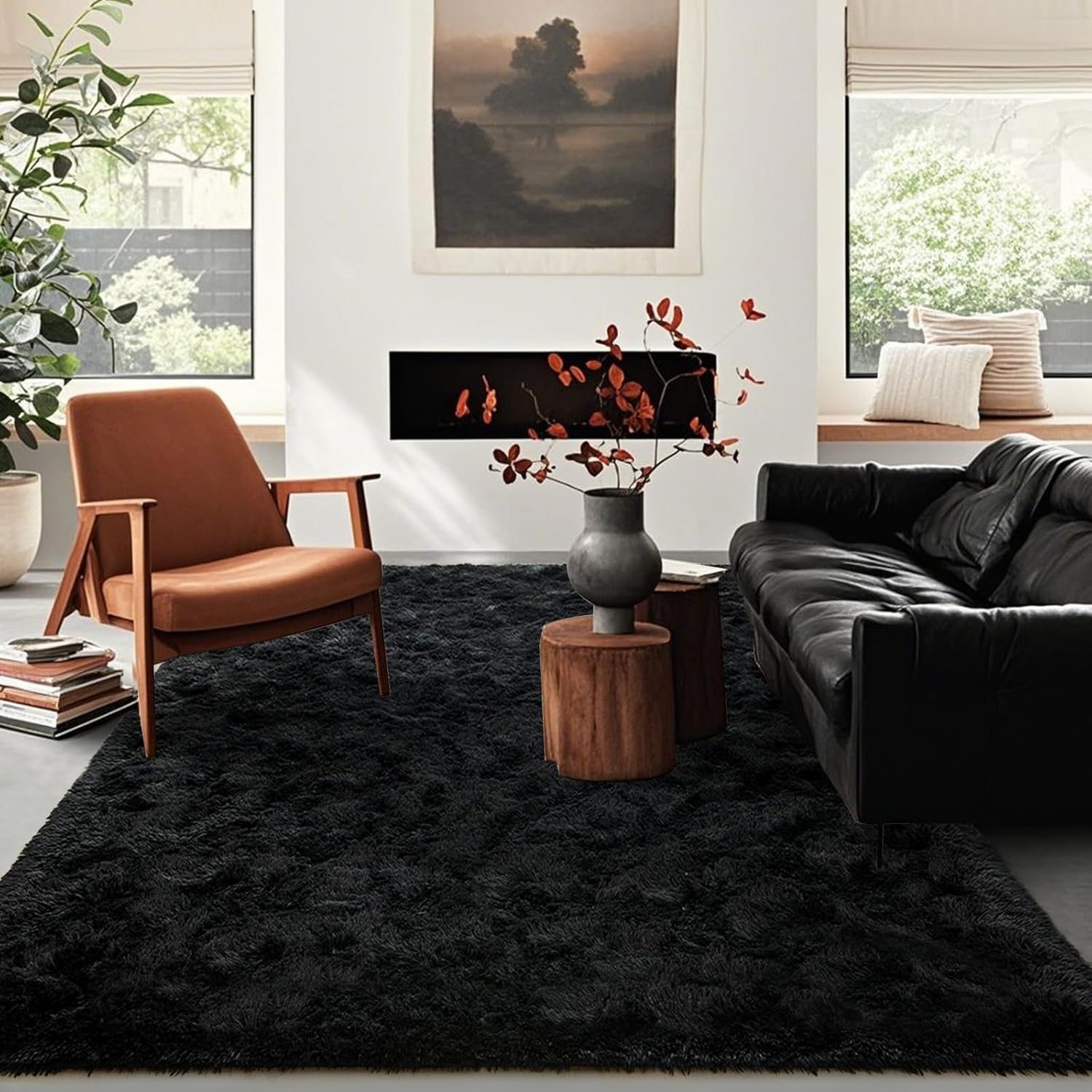 Fluffy Black Rugs for Living Room 5x8 ft Non-Slip Area Rug