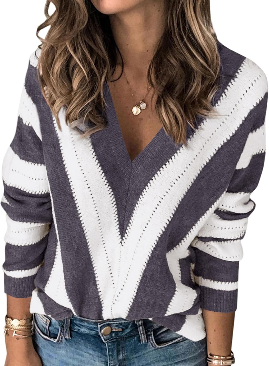 PRETTYGARDEN Long Sleeve Striped Knitted V Neck Pullover Tops