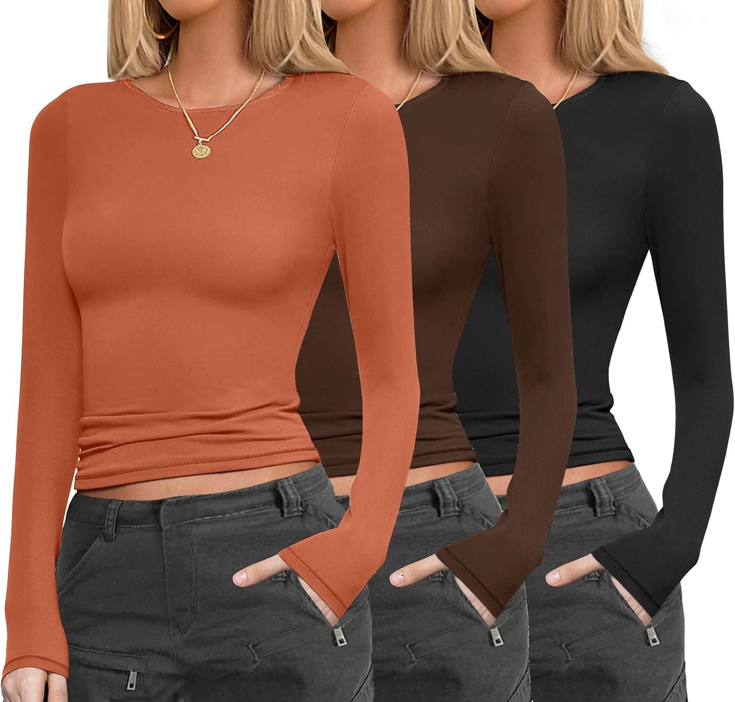 Ekouaer Womens Long Sleeve Thermal Tops 3 Pack for Layering
