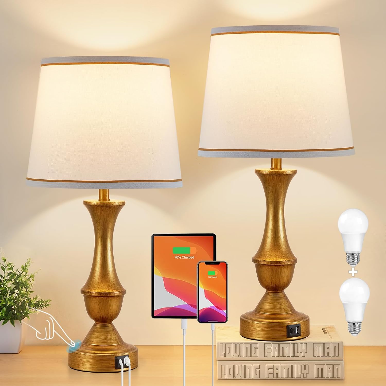 Luvkczc Gold Touch Table Lamps Set of 2 with USB Ports