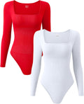 OQQ Women's Ribbed Square Neck Long Sleeve Bodysuits - 2 Pack Jewelry