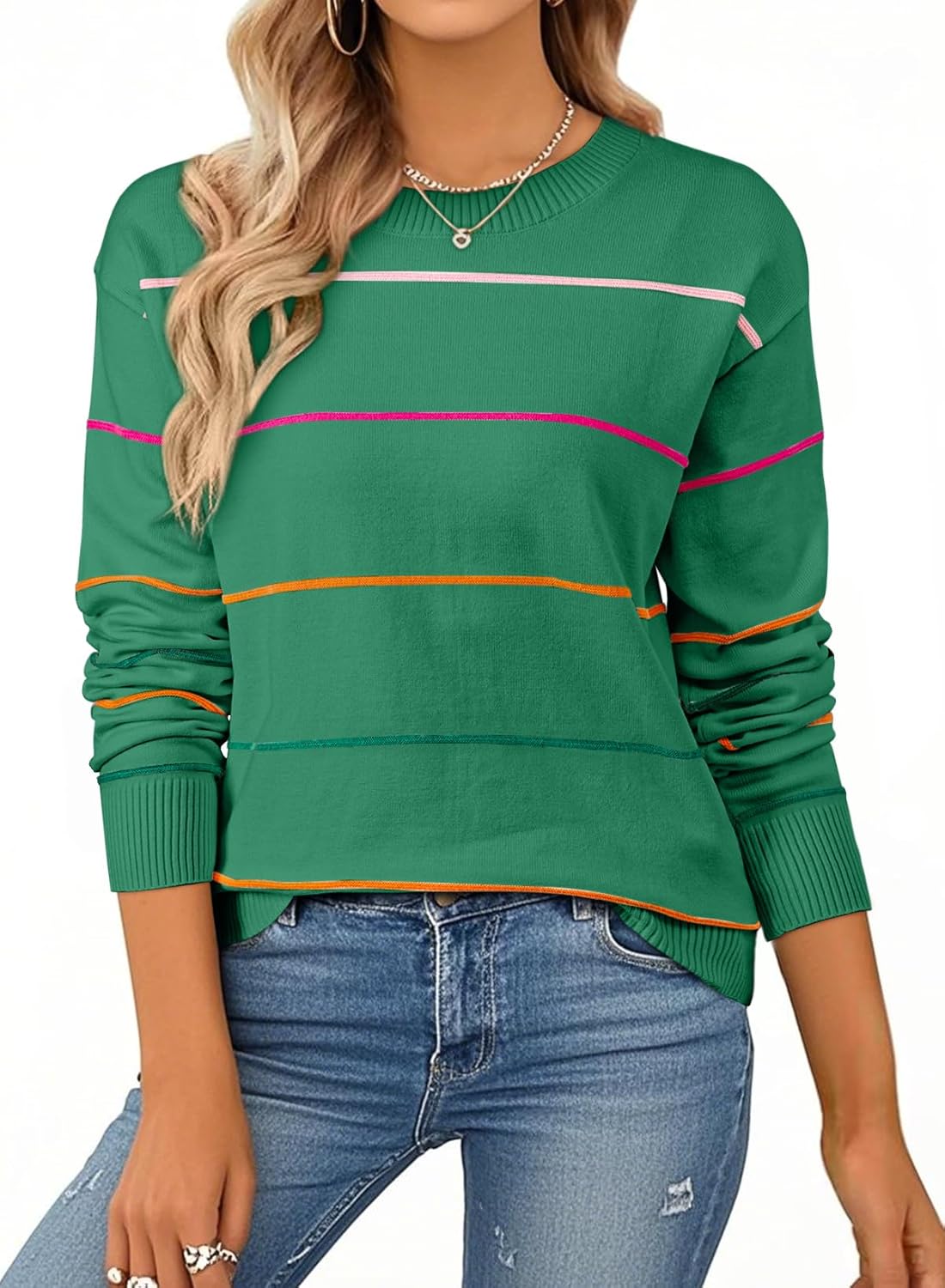 SHEWIN Womens Sweaters Crew Neck Knit Long Sleeve Striped Style