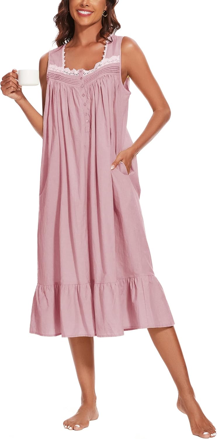 100% Cotton Nightgowns for Women with Pockets and Comfort