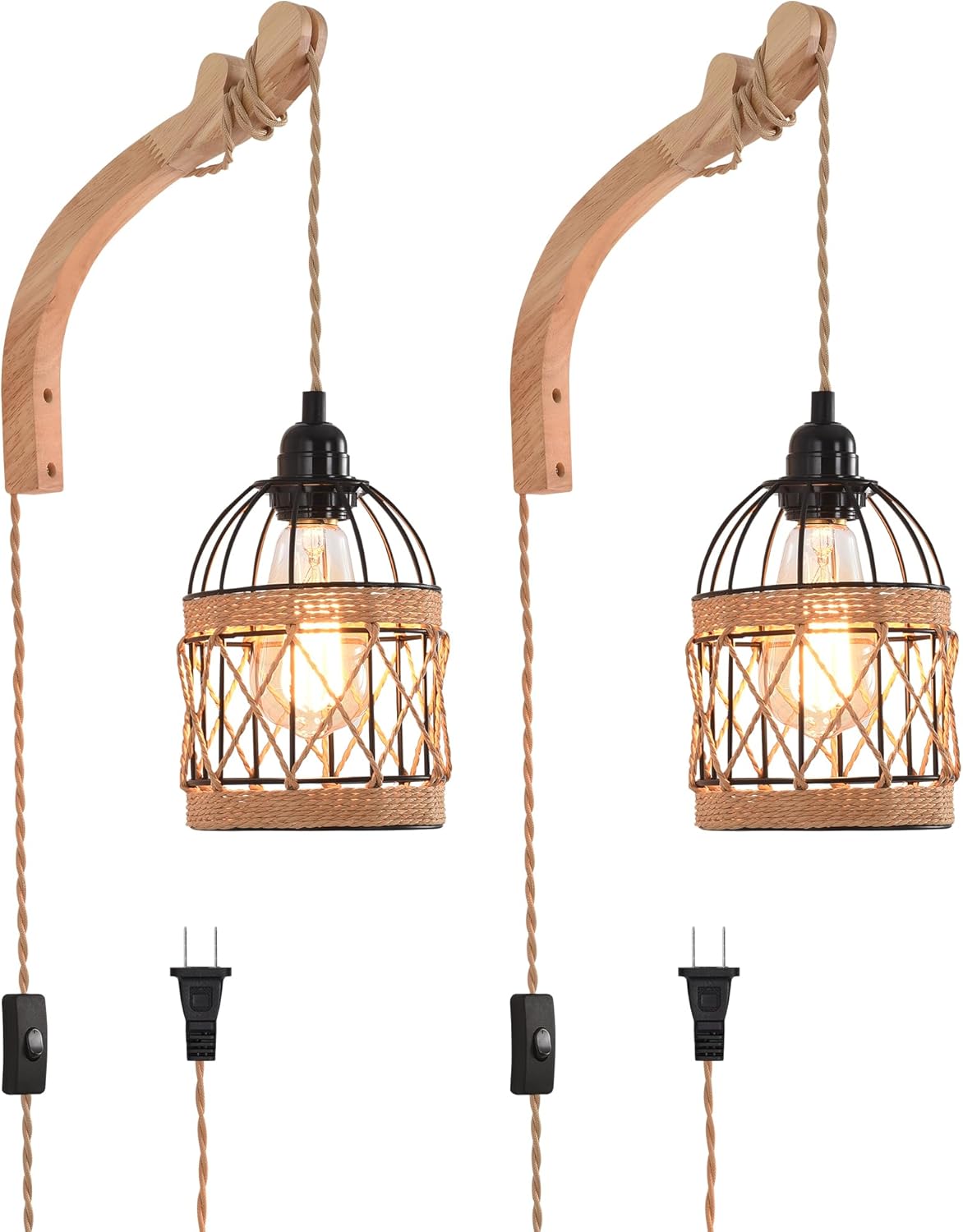 Farmhouse Wicker Wall Lamp Plug in for Rustic Boho Decor