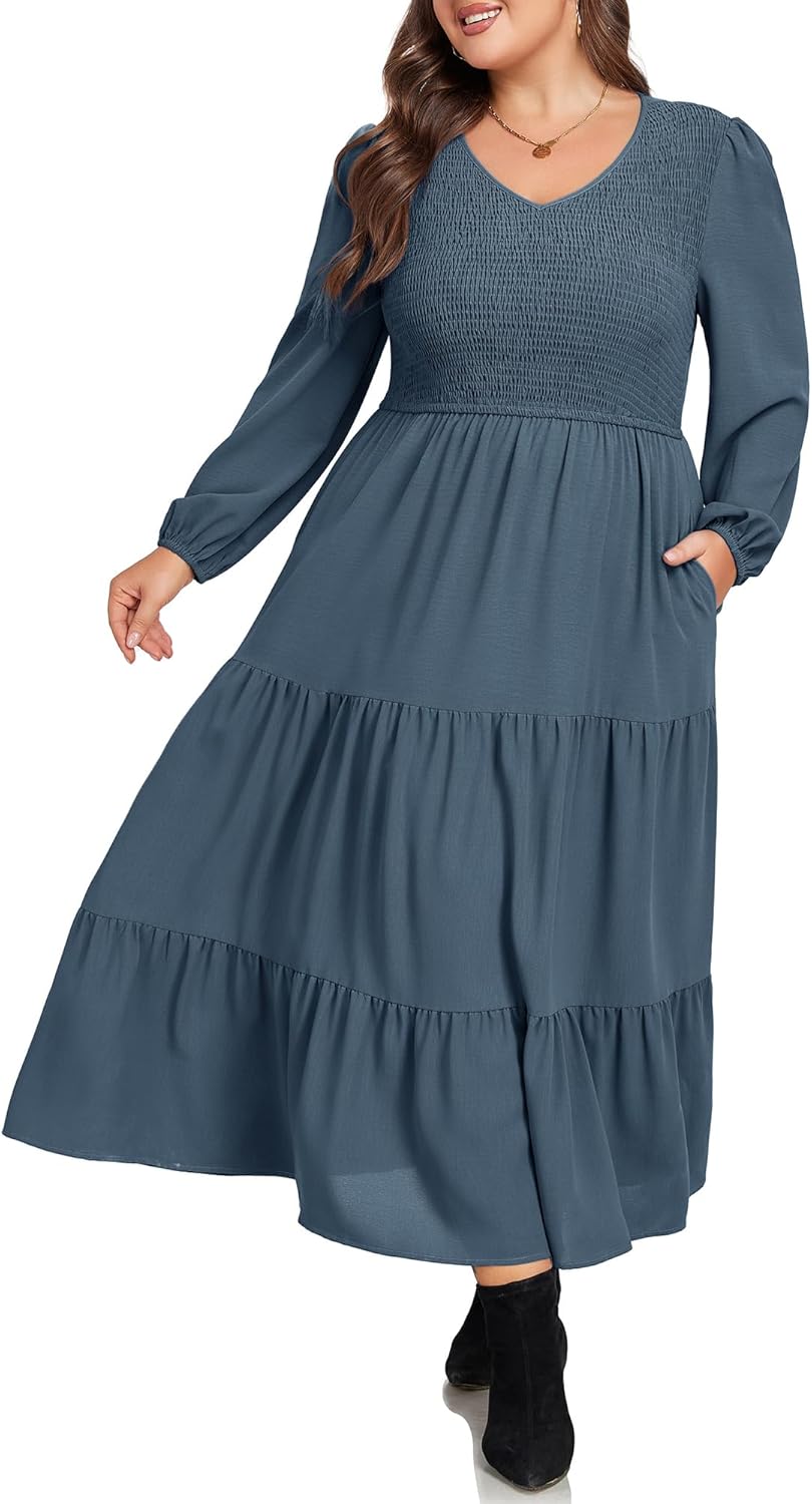 Hanna Nikole Plus Size Fall Dresses Long Sleeve V Neck Maxi