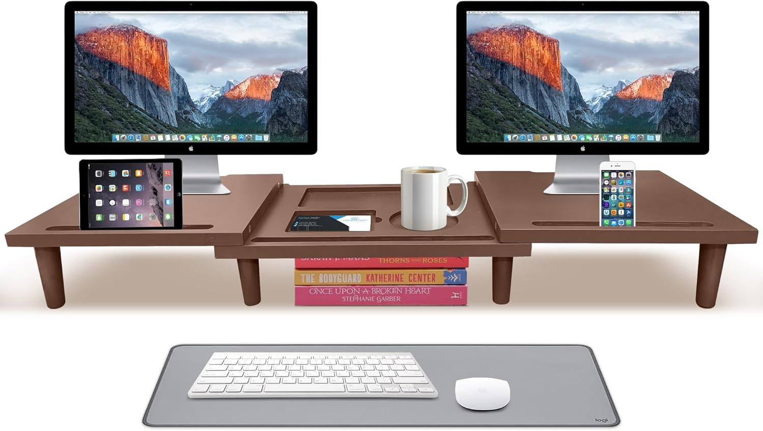 Dual Monitor Stand Riser for Home Office - Solid Wood Design