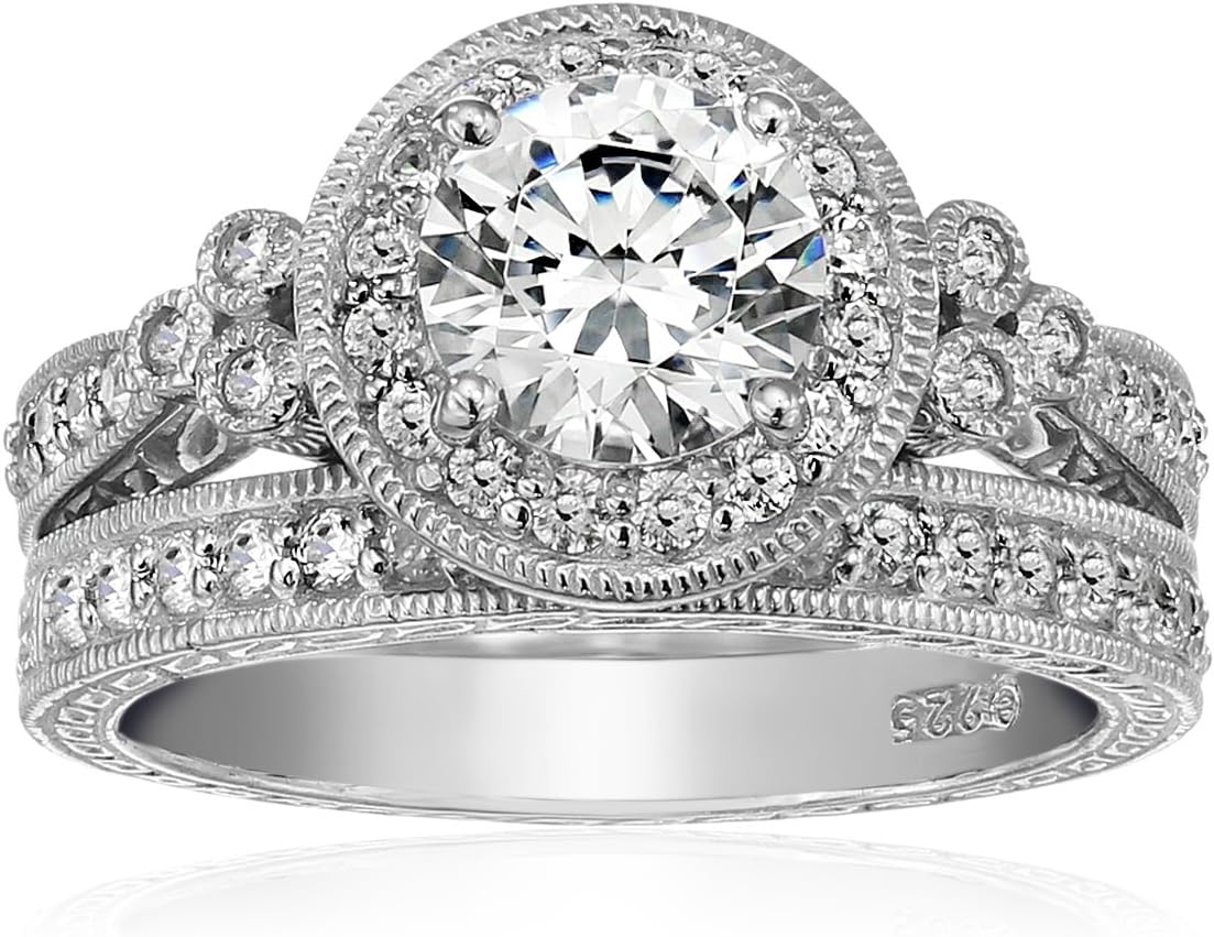 Antique Style Sterling Silver Ring Set with Cubic Zirconia