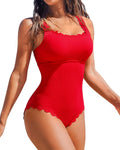Charmo Womens Scalloped Ribbed One Piece Swimsuit - Retro Modest Fit 1