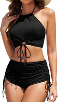 Women High Waisted Shorts Bikini Set - Tummy Control Halter Drawstring