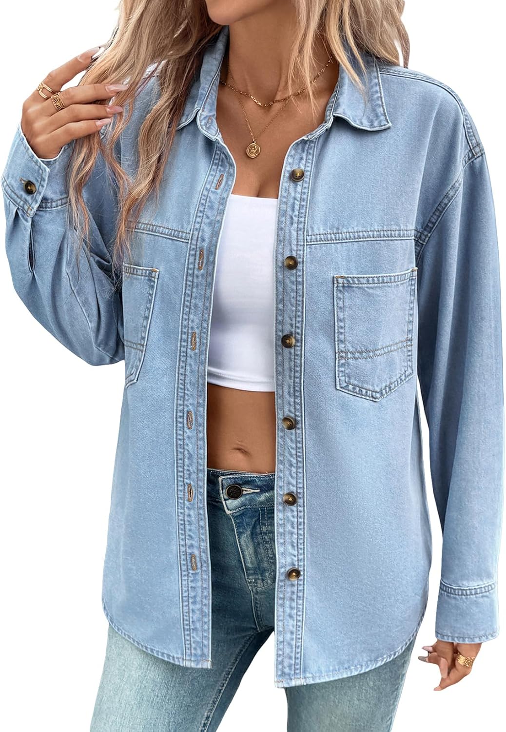 Oversized Denim Shirt for Women - Casual Long Sleeve Blouse