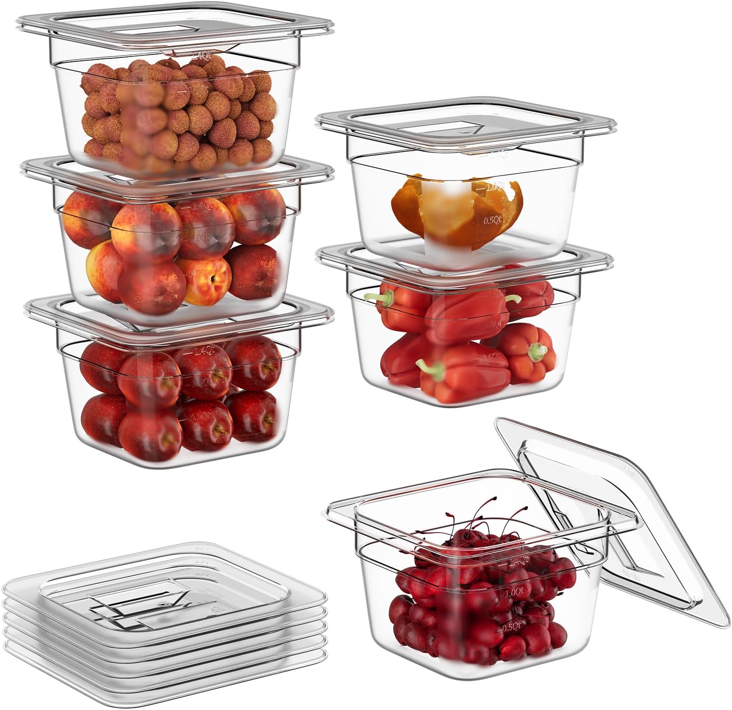 1/6 4in Food Pans with Lids - Stackable Clear Plastic Set
