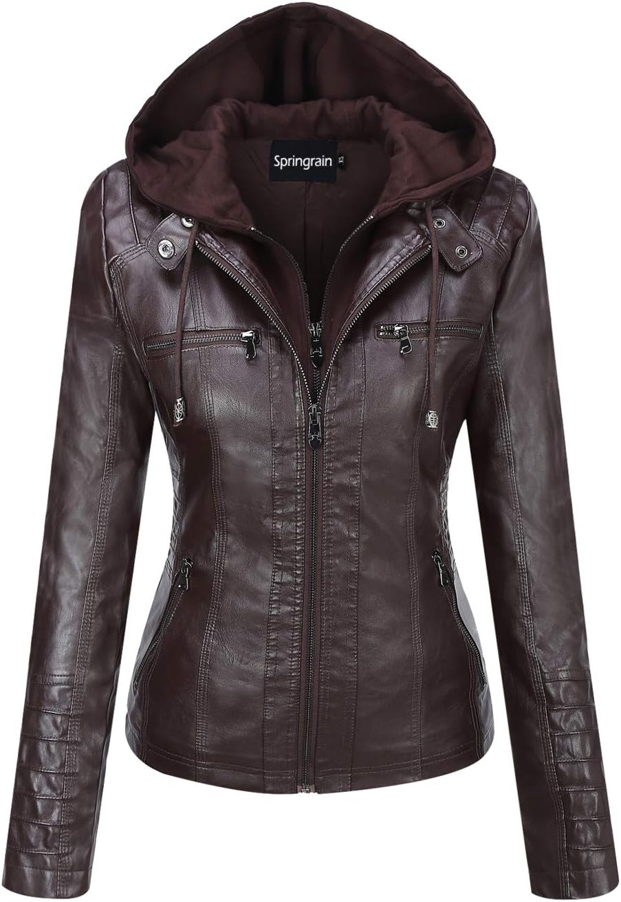 Springrain Women's Faux Leather Moto Biker Jacket with Hood