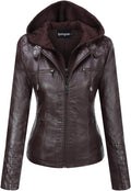 Women's Faux Leather Moto Jacket with Detachable Hood - Black