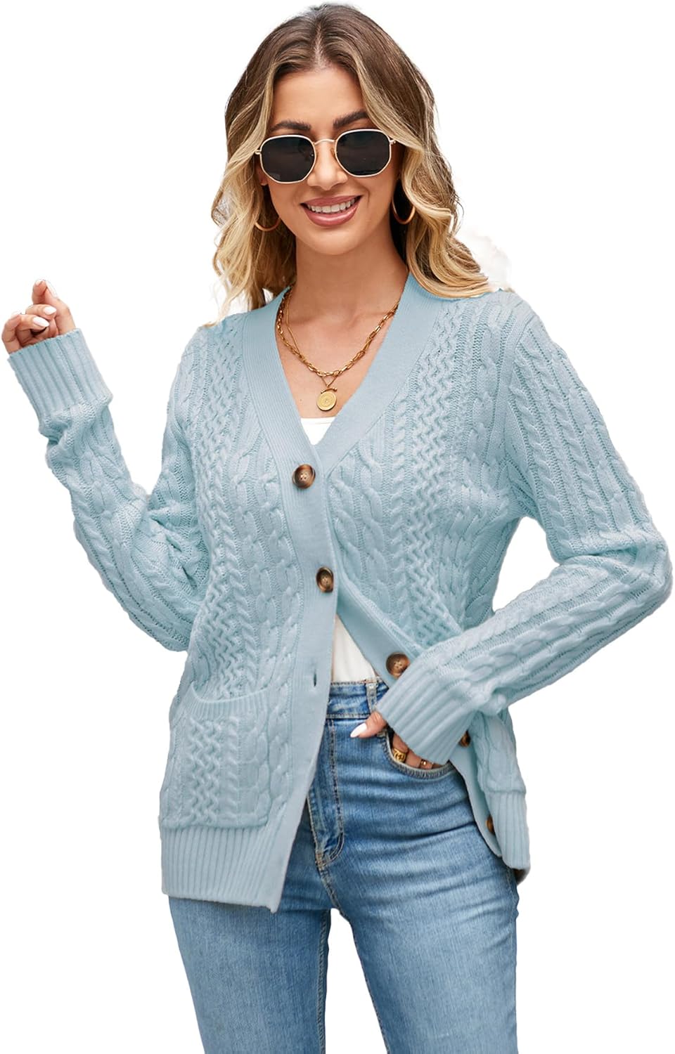 Womens Cardigan Sweaters Cable Knit Open Front with Pockets